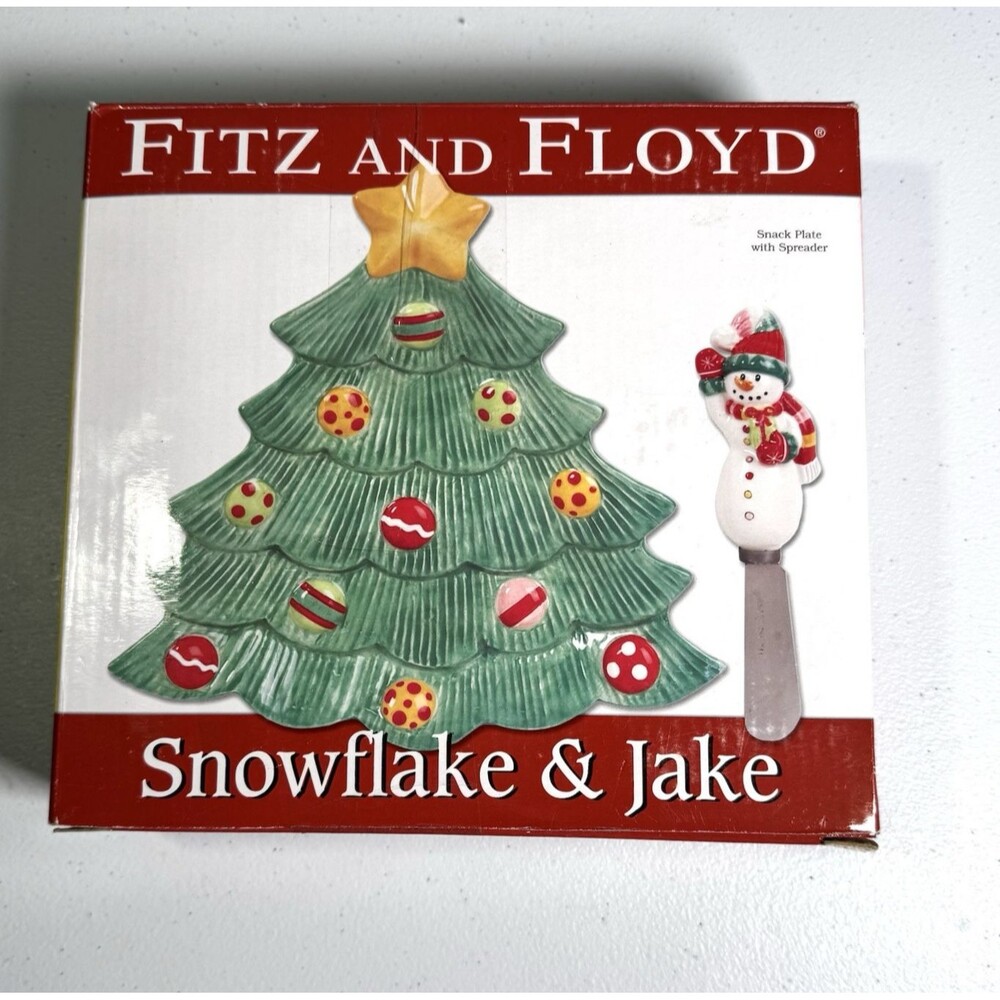 Fitz And Floyd Snowflake & Jake Christmas Tree Snack Plate with Spreader holiday